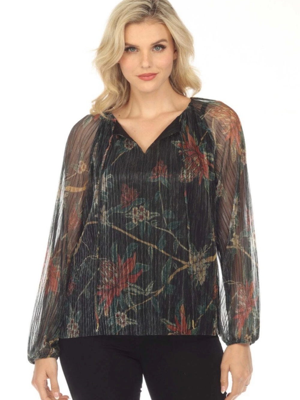 Johnny Was Black Sheer Floral V-Neck Blouse